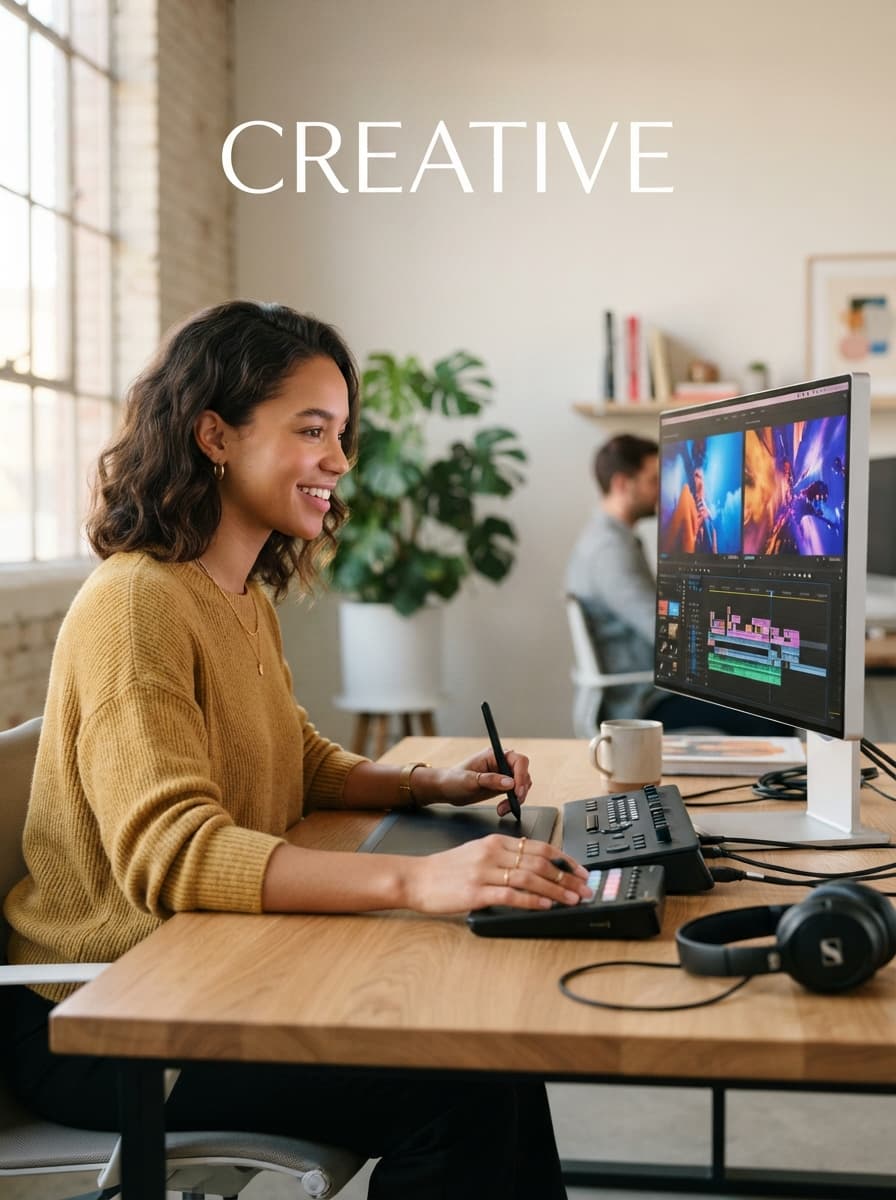 Editora de vídeo trabajando en su estudio